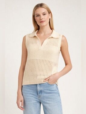 Greylin Gordon Open Knit Sweater Vest Top Cream Sleeveless Polo Collar Sz S NWT
